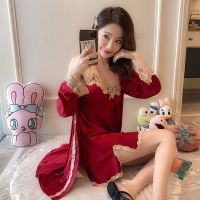性感睡衣女夏长袖带胸垫睡袍套装冰丝吊带睡裙情趣浴袍家居服薄款