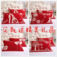 纯棉大红色喜字纱布枕巾结婚婚庆一对装礼品