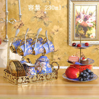 马克杯咖啡杯套装欧式小奢华整套骨瓷陶瓷杯碟茶具茶杯家用水杯子|蓝莲花3壶6杯碟勺+架+果盘全套送礼盒杯垫