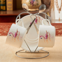 下午茶送架子创意简约杯子6件套咖啡杯套装具家用咖啡欧式陶瓷杯|火烈鸟2杯碟送勺送架