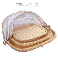 家用折叠饭菜罩子剩菜盖菜罩竹编防苍蝇防尘餐桌罩馒头防蝇防虫筐|方形原色三件套