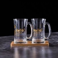 漱口杯透明玻璃北欧式刷牙杯洗漱杯套装浴室创意简约家用情侣一对|有柄-Hello三件套-带木板托盘