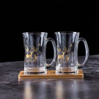 漱口杯透明玻璃北欧式刷牙杯洗漱杯套装浴室创意简约家用情侣一对|有柄-幸运鹿三件套-带木板托盘