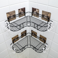 免打孔转角置物架卫生间洗漱架浴室壁挂厨房三角架吸壁牙刷收纳架|[加粗]黑2套(8个贴+8钩)