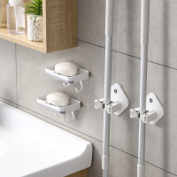 拖把挂钩挂架免打孔墙壁挂墙上卫生间扫把拖布夹神器强力固定卡扣|[皂盒套餐]拖把夹2个+皂盒2个(带接水托盘)