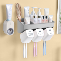 牙刷置物架壁挂式卫生间收纳盒挂墙式网红漱口杯套装免打孔牙杯架|灰白色-3杯+挤牙膏器❤(强悍承重,掉落包赔)