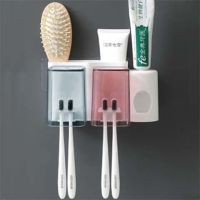 吸壁式牙刷置物架漱口杯套装免打孔刷牙杯架子卫生间盘壁挂牙刷架|透明杯两口牙刷架+挤牙膏器