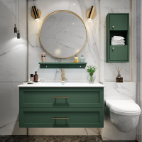 轻奢浴室吊柜组合北欧智能洗漱台绿现代简约卫生间卫浴边柜洗手盆|70公分+金边圆镜+边柜