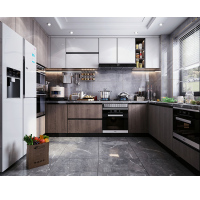 现代轻奢整体厨房爱格木纹门板橱柜定做开放式组合衣厨柜定制|爱格板+实木生态板柜体+石英石台面 1米