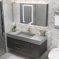 岩板浴室柜一体台盆现代轻奢卫生间洗漱台岩板洗手池洗脸盆柜组合|100CM智能镜款+陶瓷盆