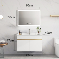 实木浴室柜组合简约现代卫生间洗漱台卫浴面盆洗脸盆洗手盆|白色金边-70CM智能镜片