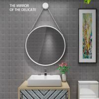 北欧轻奢浴室镜洗漱台壁挂圆形化妆镜免打孔卫浴镜美容理发店镜子|挂镜加带[白色] 直径80cm[防爆]