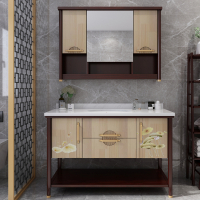 新中式浴室柜现代简约洗脸盆柜组合落地式卫生间洗漱台橡木卫浴柜|F款(镜柜)荷花图案 110cm