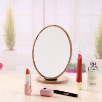 ins镜子女创意木质高清台式化妆镜子女折叠网红初中生宿舍美容镜|椭圆木纹色 镜子+一支白色笔