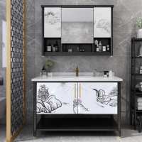 新中式浴室柜现代简约洗脸盆柜组合落地式卫生间洗漱台橡木卫浴柜|G款(镜柜)黑白山水 150cm