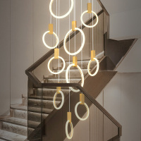楼梯长吊灯现代简约别墅复式客厅灯北欧餐厅创意圆环旋转挑空吊灯