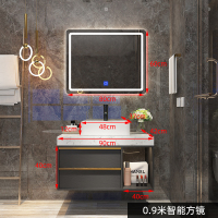 北欧轻奢浴室柜卫生间洗漱台简约大理石洗手盆洗脸池卫浴面盆组合|金色双拉手0.9米台上智能方镜款