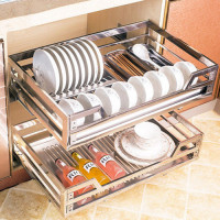 樱花橱柜方管拉篮304不锈钢阻尼碗架调味篮厨房厨柜碗碟盘双层碗篮