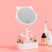 化妆镜台式led带灯补光桌面便携宿舍网红美妆梳妆镜女小镜子fo型|猫耳朵化妆镜-白色