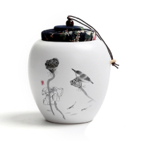 陶瓷普洱茶罐罐茶缸存茶叶罐茶罐特价小青柑干果存茶防潮密封陶罐|月白-墨彩荷花