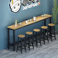 靠墙吧台桌家用小吧台餐桌奶茶店高脚桌吧台桌椅组合长条桌窄桌子|浅胡桃+黑架 吧台配套凳子