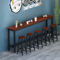 靠墙吧台桌家用小吧台餐桌奶茶店高脚桌吧台桌椅组合长条桌窄桌子|柚木+黑架 套装:100*30*100+2凳子