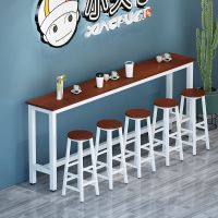 靠墙吧台桌家用小吧台餐桌奶茶店高脚桌吧台桌椅组合长条桌窄桌子|柚木+白架 套装:100*30*100+2凳子