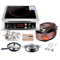 3500大功率家用电磁炉商用按键款爆炒火锅节能电磁灶配全套装|平面不锈钢套餐五+饭煲+瓷碗套