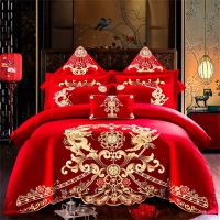 [东方刺绣]婚庆四件套大红色全棉刺绣结婚床上用品新婚喜被套件纯棉绣花床品
