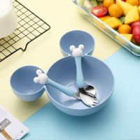 宝宝弯头训练勺子儿童餐具碗套装学吃饭歪把勺子叉子婴儿勺不锈钢|蓝色米奇碗+[蓝色叉勺]