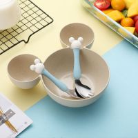 宝宝弯头训练勺子儿童餐具碗套装学吃饭歪把勺子叉子婴儿勺不锈钢|米色米奇碗+[蓝色叉勺]