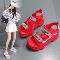 鑫恩尚网红水钻凉鞋运动沙滩鞋ins松糕厚底坡跟魔术贴罗马鞋女夏