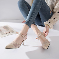 鑫恩尚2020春夏新款尖头高跟鞋女细跟性感网纱蝴蝶结中空包头凉鞋潮