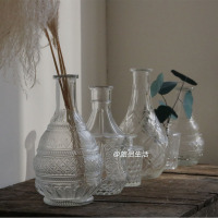 复古浮雕玻璃透明花瓶欧式台面玻璃插花花器民宿橱窗摆件装饰清新
