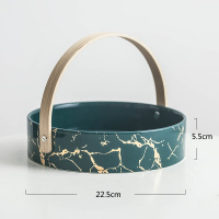 水果盘拼盘轻奢北格客厅家用陶瓷创意带盖分格干果零食盘|大号(金纹)绿色手提盘(不带)分格和盖子