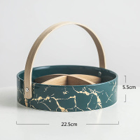 水果盘拼盘轻奢北格客厅家用陶瓷创意带盖分格干果零食盘|大号(金纹)绿色手提盘(带)分格