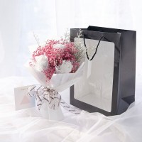 干花礼盒网红ins玫瑰永生花花束送女朋友老婆生日创意礼物|玫红色+白色香皂浅紫情人草(法兰丝)+黑色橱窗手提袋