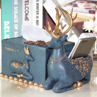 轻奢纸巾盒北欧ins客厅遥控器收纳盒多功能抽纸盒家用纸抽盒摆件|母子鹿蓝金色-经典款