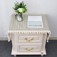 北欧床头柜盖巾棉麻电视柜布盖布防尘罩桌布布艺长方形鞋柜布格子|灰格子盖布3面苏花边 70*180CM