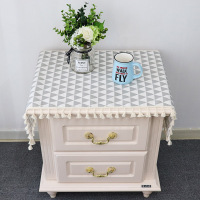 北欧床头柜盖巾棉麻电视柜布盖布防尘罩桌布布艺长方形鞋柜布格子|灰三角盖布3面苏花边 50*90CM