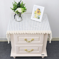 北欧床头柜盖巾棉麻电视柜布盖布防尘罩桌布布艺长方形鞋柜布格子|虚线格子盖布3面苏花边 50*120CM