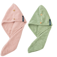 日本干发帽女吸水速干包头巾成人可爱长发浴帽2条装|菠萝格单层藕粉色+墨绿色