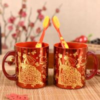 结婚用品大全洗漱口套装新婚情侣牙杯缸牙刷水杯子肥皂盒一对红色|烫金牙刷牙缸一对