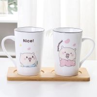 洗漱杯陶瓷带把情侣对杯简约创意家用卫生间子卡通牙刷水杯|对杯(带木托)三件套 飞猪吻1