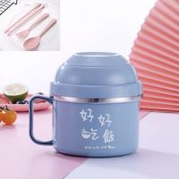 304不锈钢饭盒双层保温上班族单人泡面碗学生宿舍碗儿童防烫饭盒|加厚款拧紧盖餐杯[北欧蓝]餐具三件套