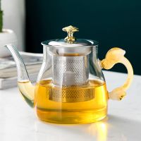 玻璃茶壶功夫茶具加厚耐热泡茶壶不锈钢过滤花茶壶红茶器烧煮水壶M7|600毫升黄直 单壶+6手把杯+大号茶盘