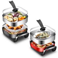 多功能电炒锅加高加厚煎烤蒸煮锅电热锅烤涮一体电火锅电煎锅6lN6|麦饭石-双管速热+蒸笼+蒸片