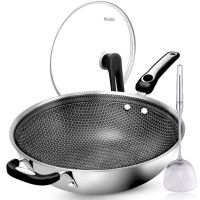 304不锈钢炒锅无油烟炒菜不粘锅多功能家用电磁炉燃气适用|可立盖+副手柄+优质不锈钢铲