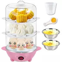 自动断电家用早餐蒸鸡蛋羹煎蛋器电蒸锅煎饼锅蒸蛋器蛋卷机炖神器L4|三层粉色+量杯+分离器