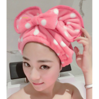 超强吸水韩国可爱浴帽加大加厚柔软快速干发毛巾法兰绒 玫红圆点